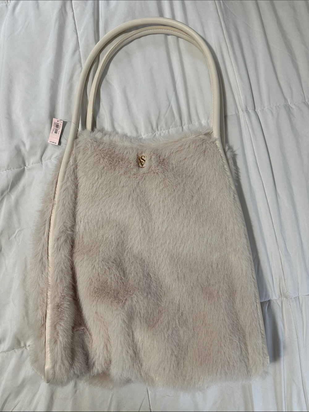 Victoria's Secret Cream Faux Fur Tote with Gold Logo